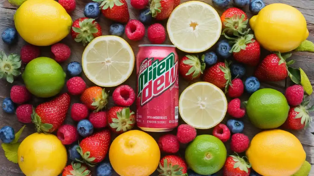 Bright citrus and berry ingredients representing Diet Code Red Mountain Dew’s flavor