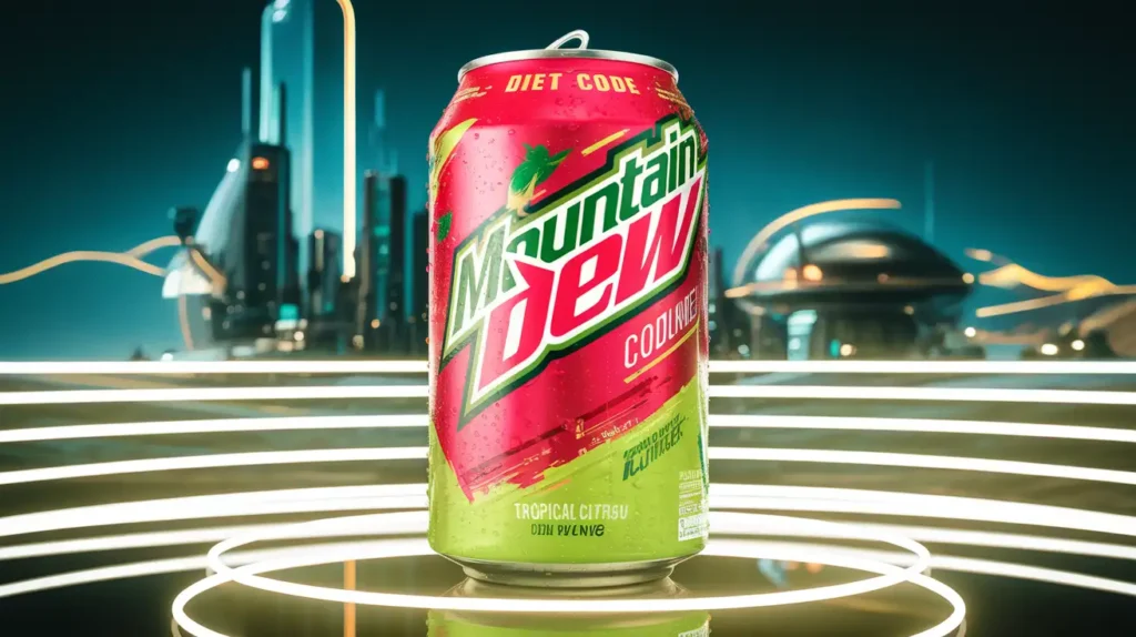 Concept of futuristic Diet Code Red Mountain Dew flavors in innovative packaging