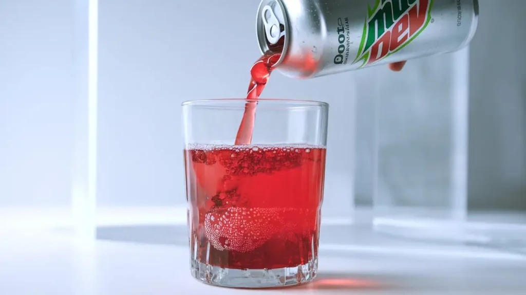 A can of Diet Code Red Mountain Dew being poured into a glass