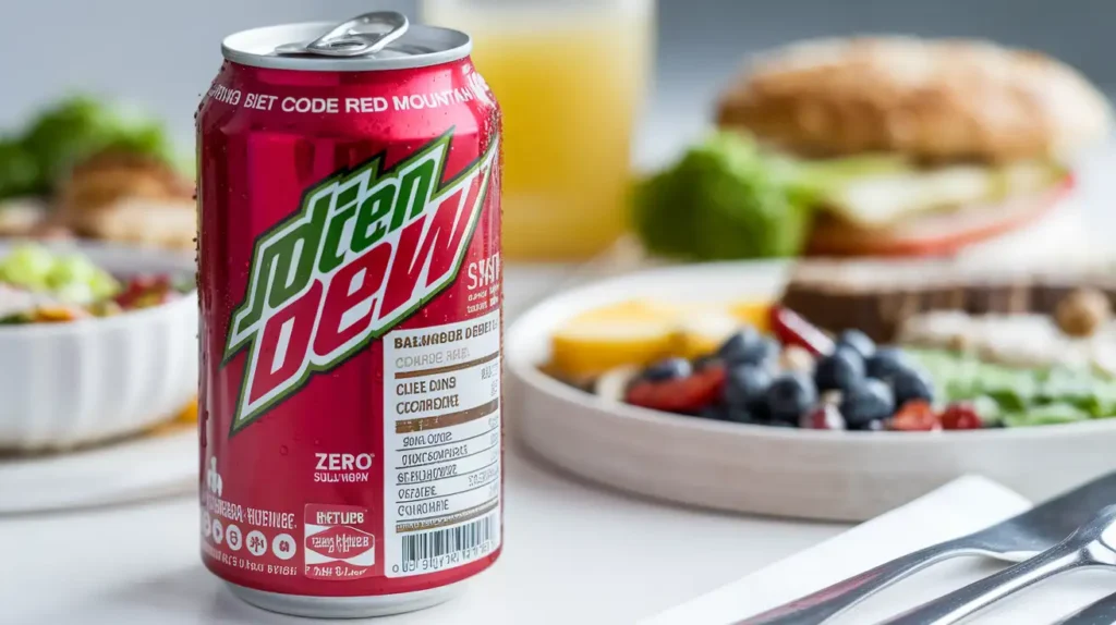 Nutritional label of Diet Code Red Mountain Dew highlighting zero sugar and low calories