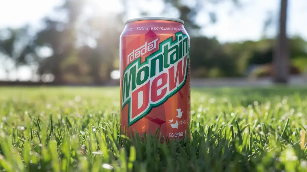 Eco-friendly packaging of Diet Code Red Mountain Dew against a green landscape