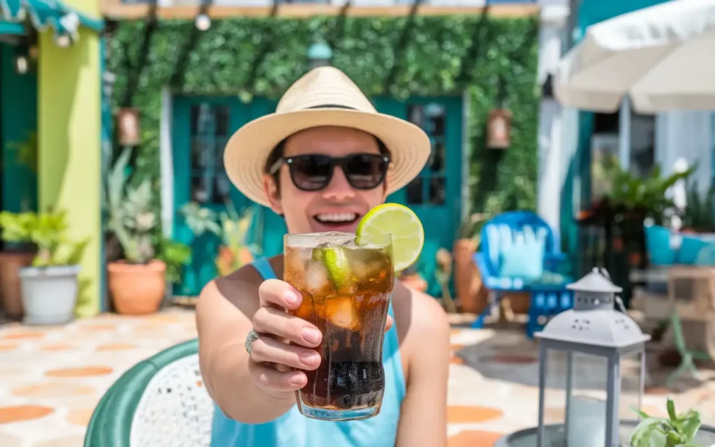 A cheerful person enjoying Diet Coke with Lime on a sunny day.
