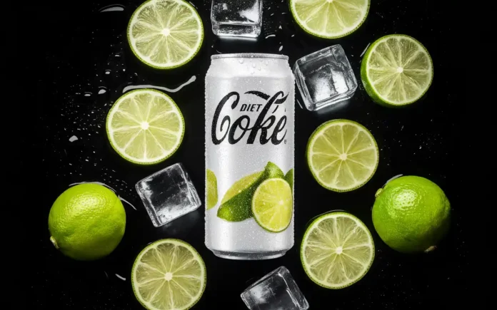 A chilled can of Diet Coke with Lime next to a sliced lime and ice cubes.