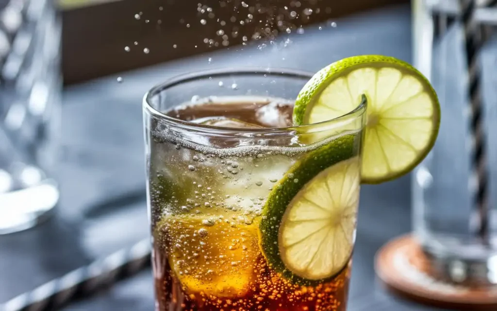 A close-up of a glass of Diet Coke with Lime, highlighting fizz and lime.
