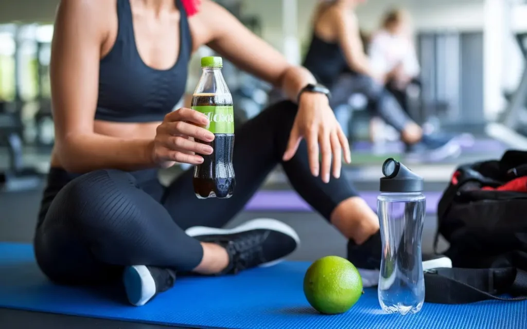 A fitness enthusiast holding Diet Coke with Lime post-workout.
