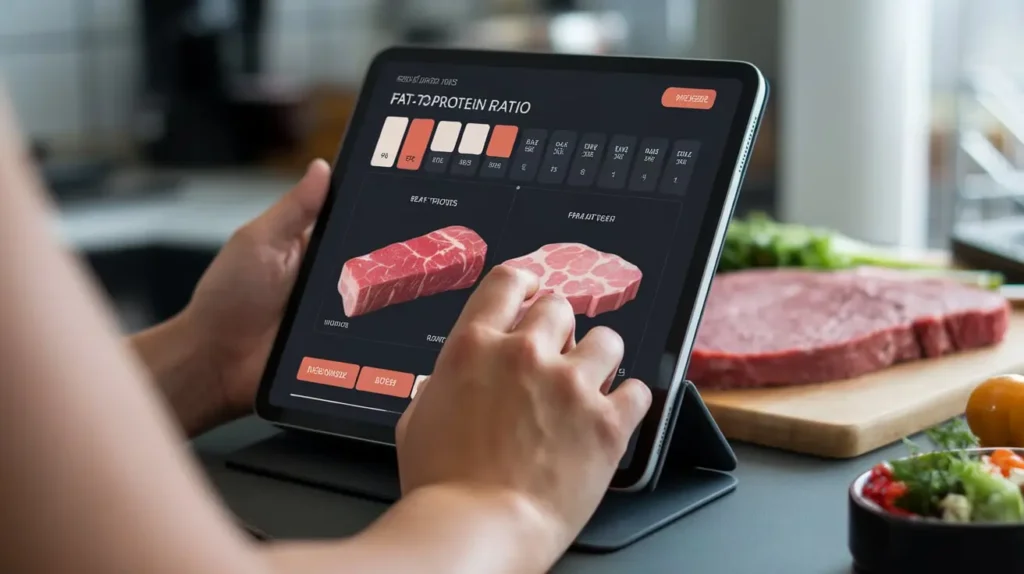 A person using a digital fat to protein ratio carnivore diet calculator on a tablet.