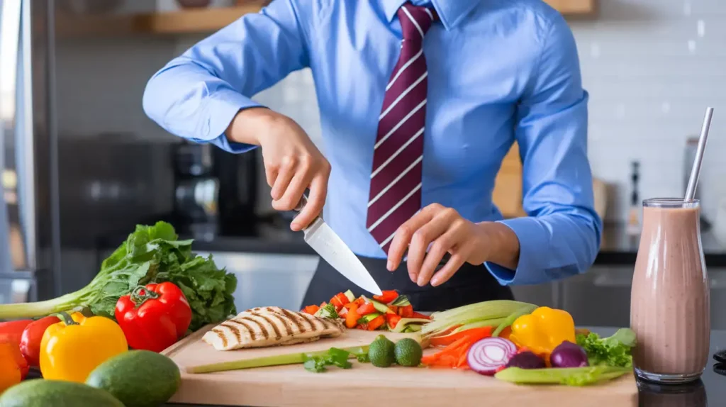 A busy professional preparing a diet RC-friendly meal.