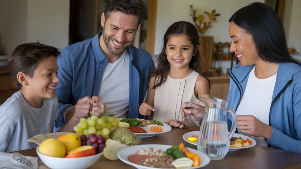  A smiling family enjoying a diet RC-friendly meal together.