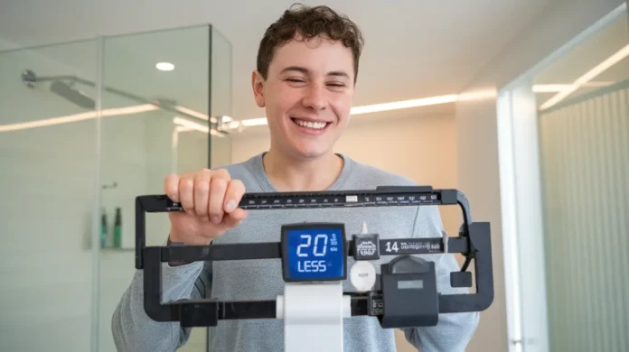 Person confidently stepping on a scale after achieving a diet to lose 20 pounds.