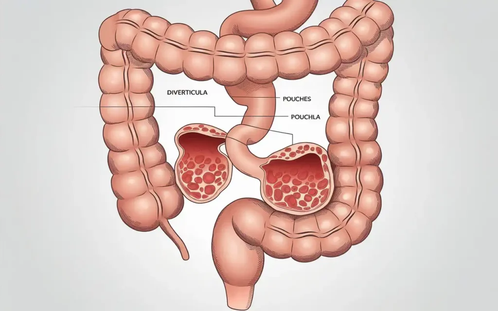 Diagram of the colon showing diverticulosis and its effects