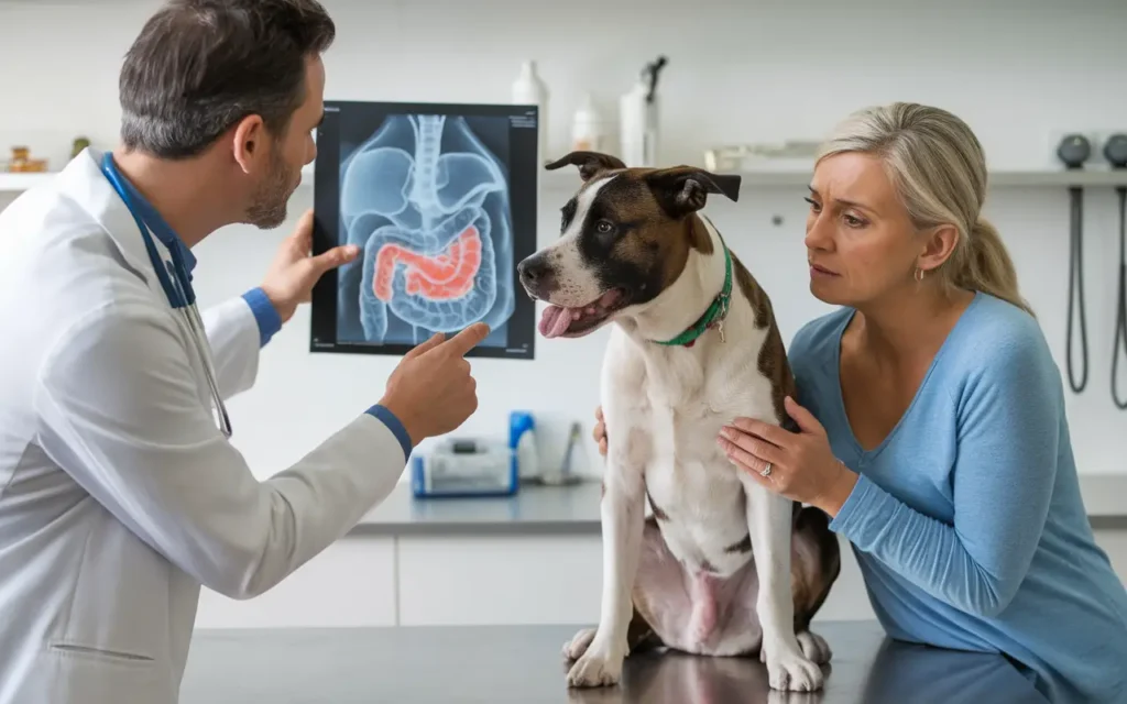 A veterinarian explaining a dog pancreatitis diagnosis to a concerned owner.