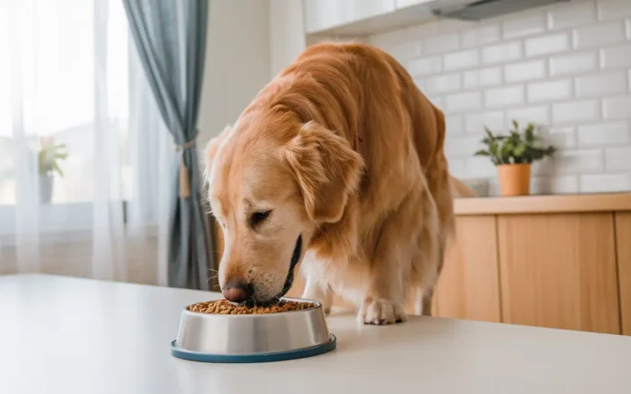 A happy dog eating a veterinarian-recommended pancreatitis diet meal