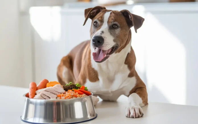 A happy dog eating a bowl of homemade pancreatitis-friendly food.