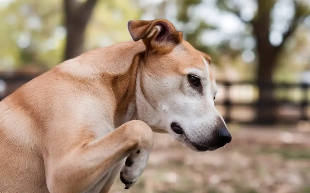 Dog scratching its itchy skin
