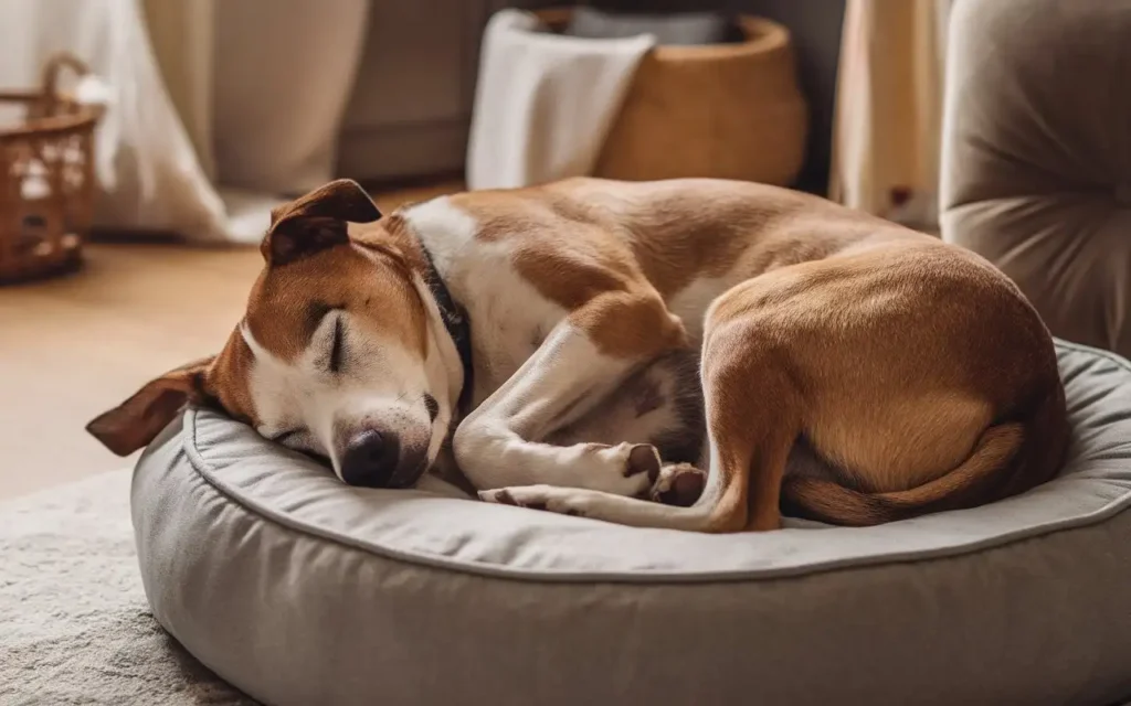 Dog sleeping peacefully on a bed
