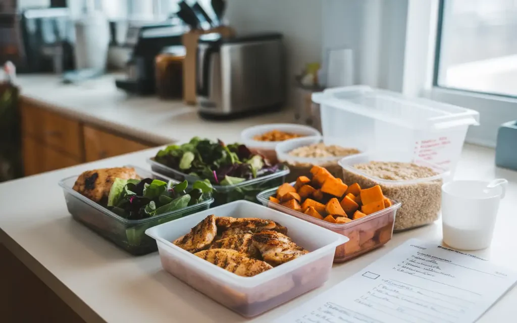 A weekly meal prep setup for the e2m diet with fresh ingredients.
