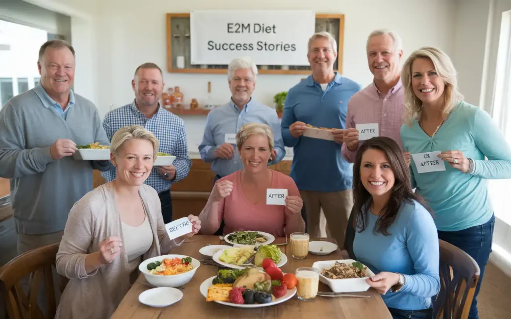 A group celebrating their e2m diet success stories in a positive atmosphere.
