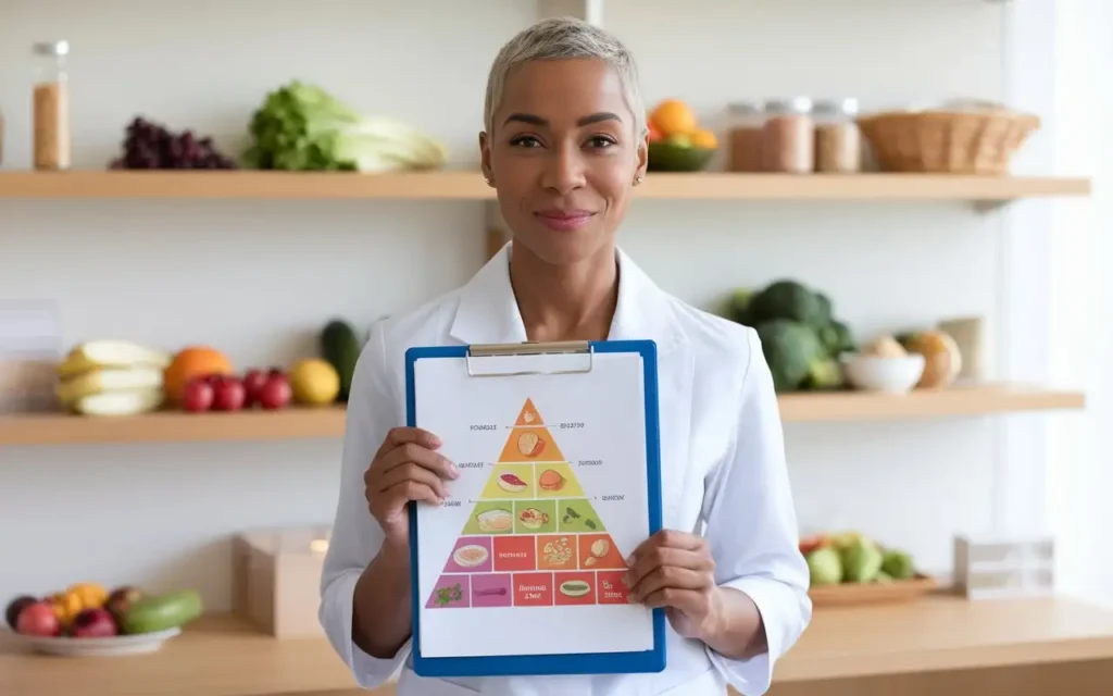 A nutritionist explaining the eat to beat your diet concept with a food chart