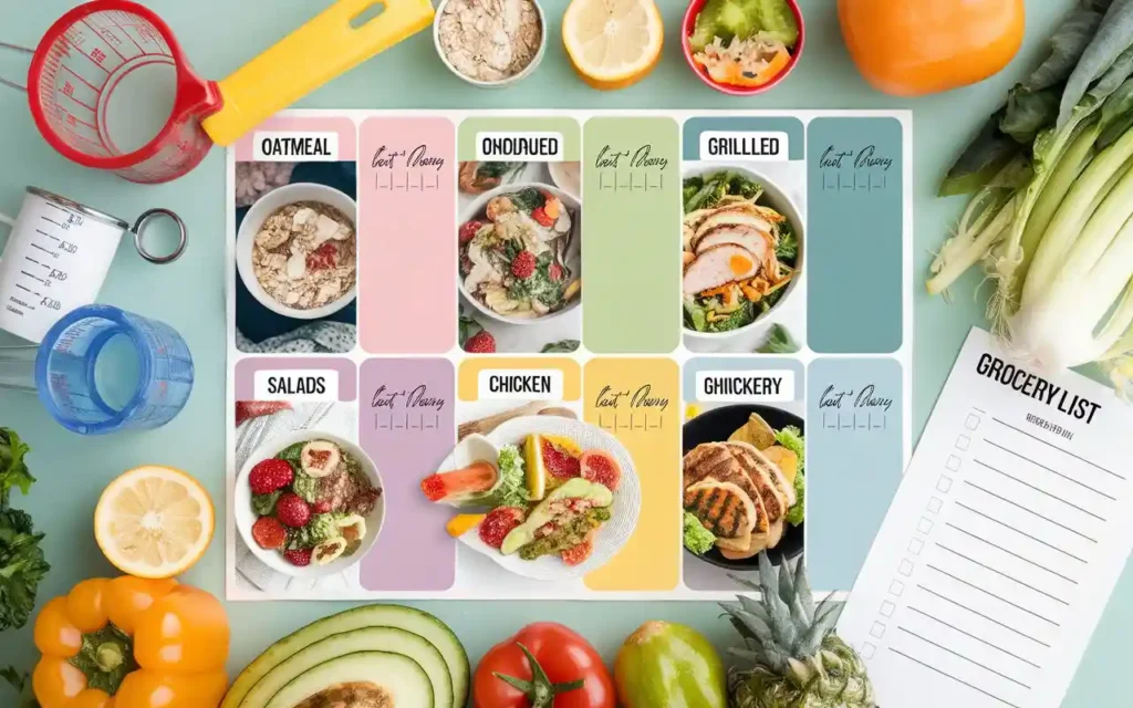 A weekly meal planning template with healthy meal photos for eat to beat your diet