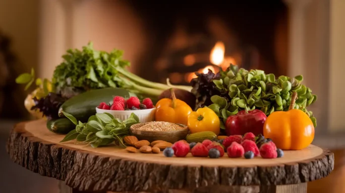 A balanced meal featuring fresh vegetables and fruits on a wooden table, symbolizing the Edgar Cayce diet