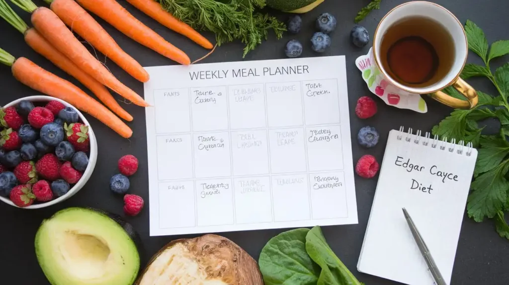 A weekly meal planner featuring Edgar Cayce diet recommendations, with fresh produce and a glass of herbal tea.