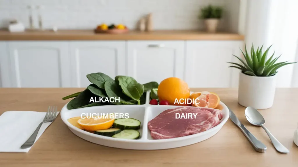 A plate showing a balanced meal with alkaline and acidic foods separated into categories