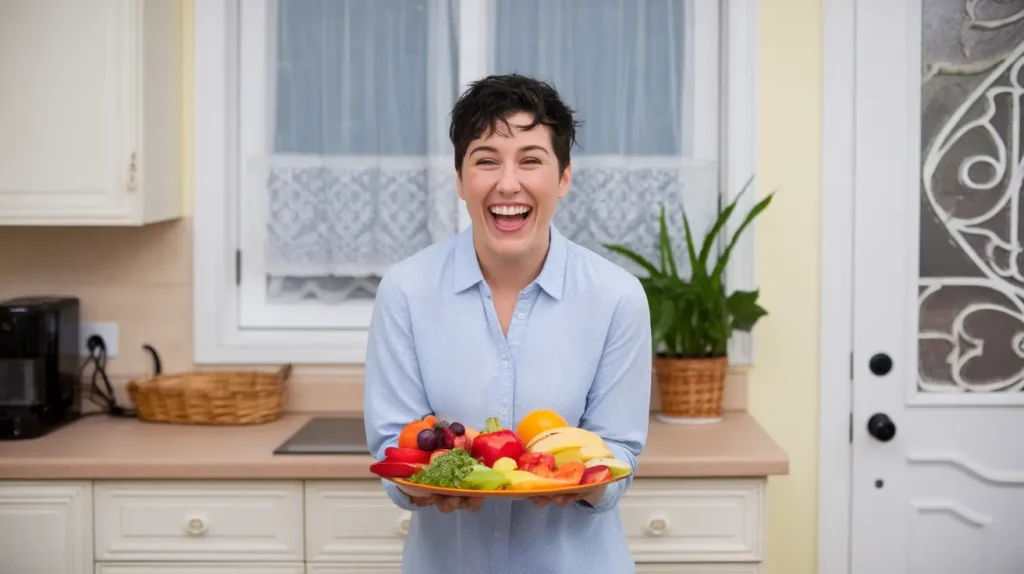 A smiling individual holding a plate of fresh fruits and vegetables, symbolizing success with the Edgar Cayce diet.