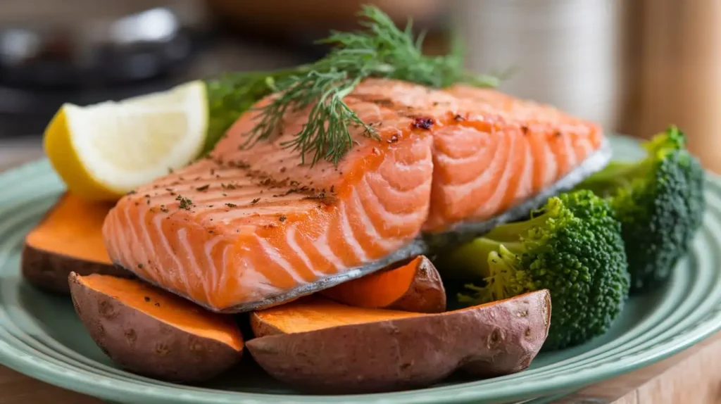 A savory elimination diet dinner featuring roasted salmon and vegetables.