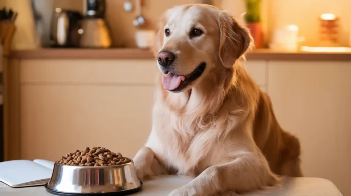 A healthy golden retriever eating a fresh, homemade meal during an elimination diet for dogs.