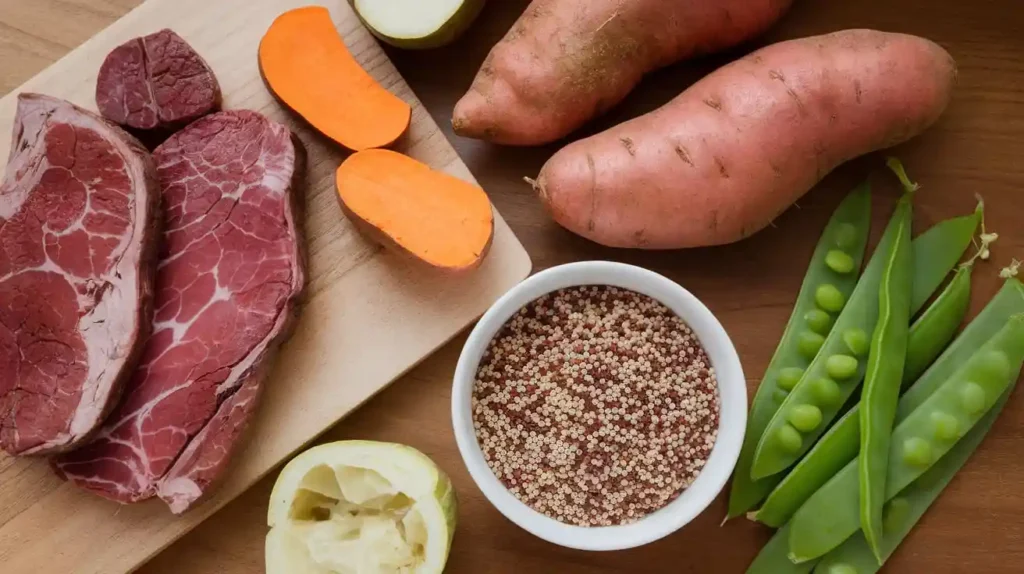 A selection of fresh, dog-friendly elimination diet ingredients like sweet potatoes, venison, and quinoa.
