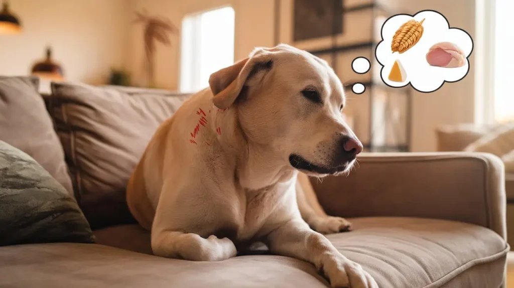 A dog scratching its ear, looking uncomfortable, showing symptoms of food allergies.