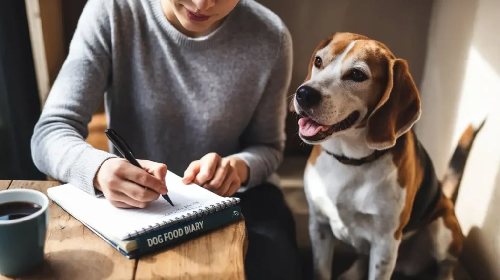 A dog owner writing in a food diary while monitoring their dog's reaction to a new diet.