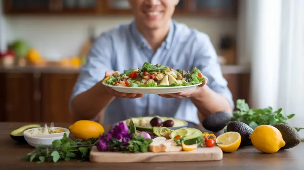  A happy person enjoying a meal with fresh, healthy food on their plate.