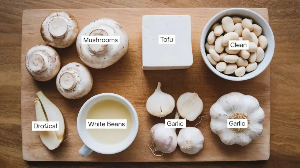 An overhead view of essential white diet foods like mushrooms, tofu, and white beans neatly arranged on a wooden board