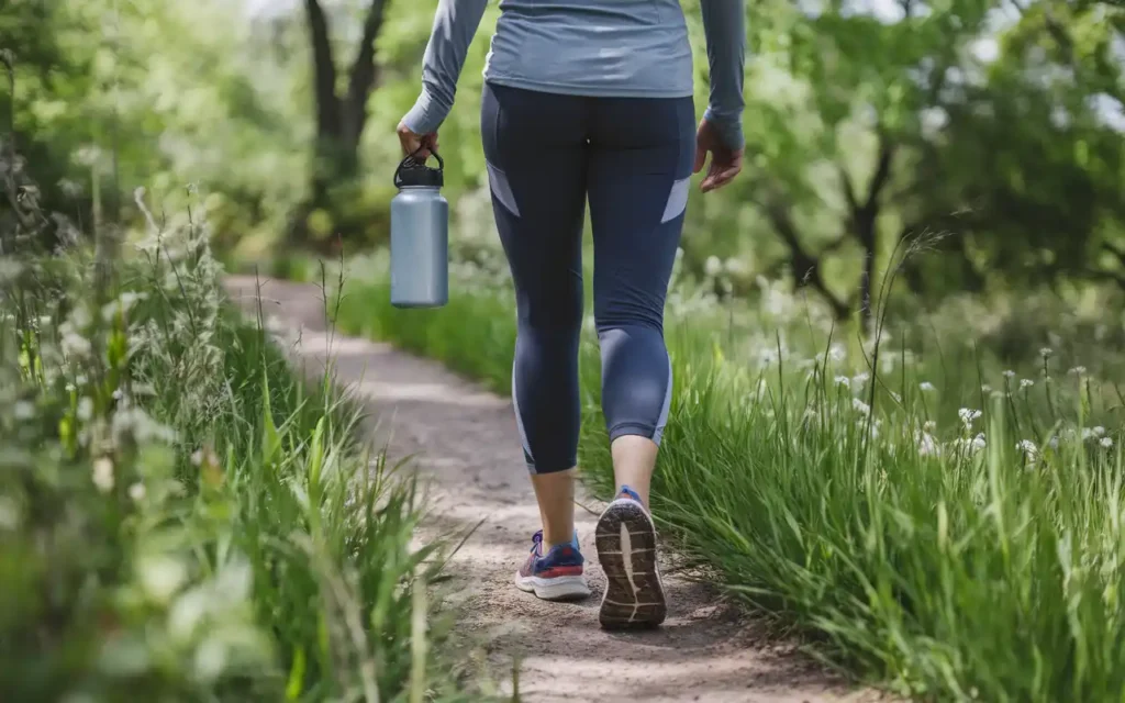 A person walking outdoors while holding a water bottle, part of a 3 month pre bariatric surgery diet and exercise plan