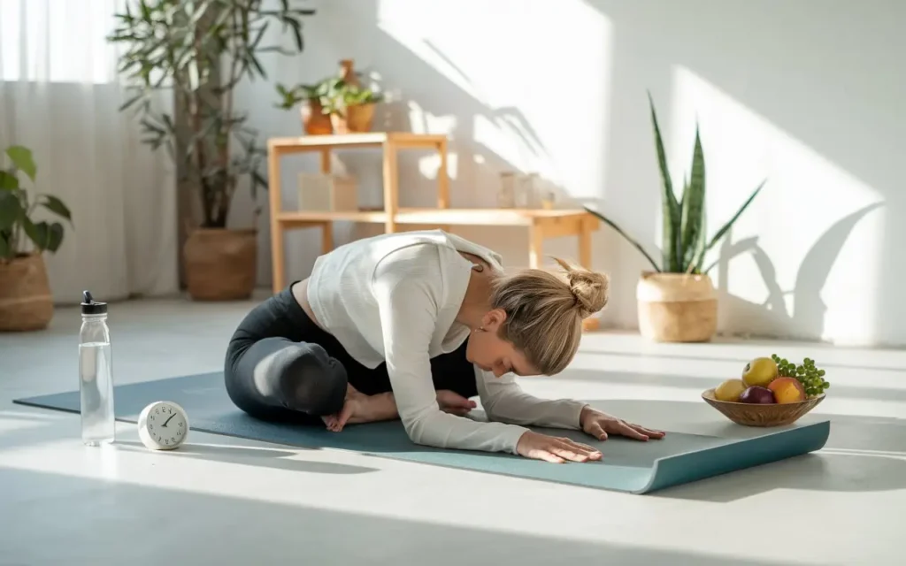 A woman practicing yoga while managing intermittent fasting for PCOS