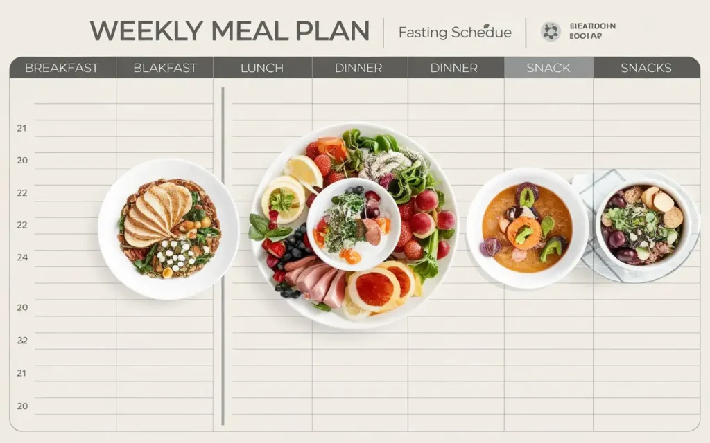 Weekly meal plan chart for fasting and IBS management.
