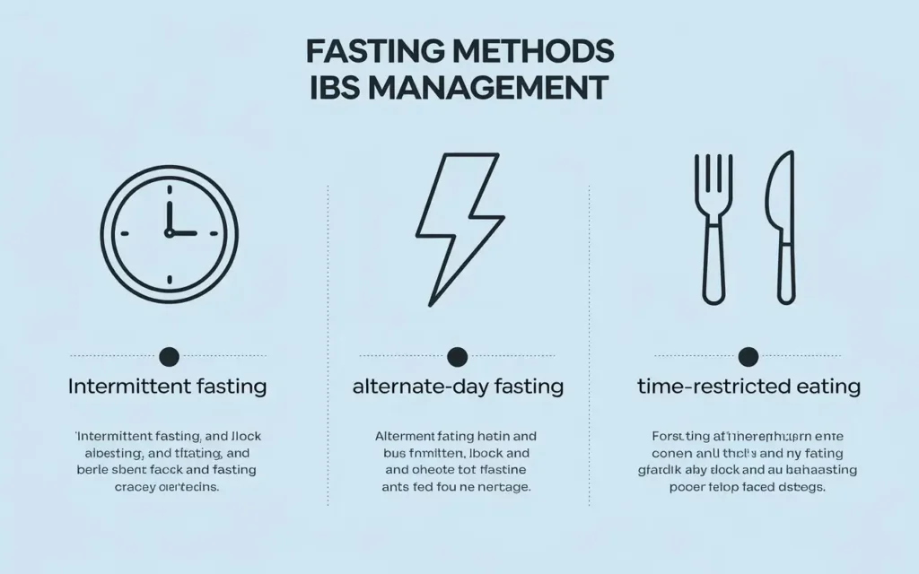 Diagram of various fasting methods for IBS, illustrating different approaches