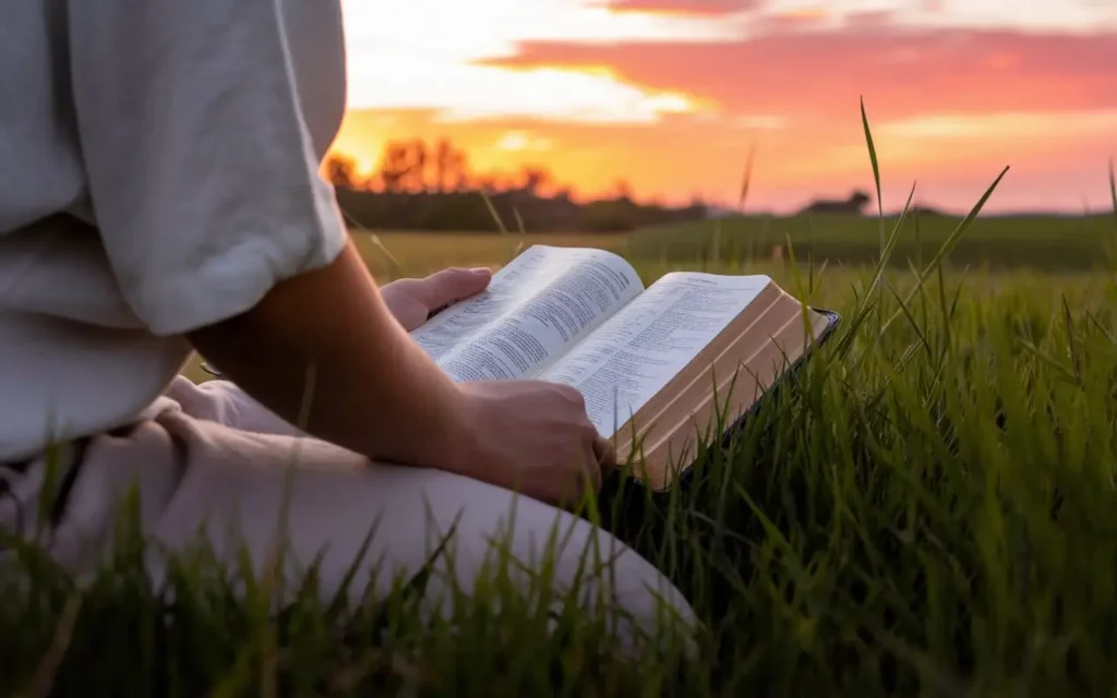 A serene scene of a person kneeling in prayer outdoors with a Bible.