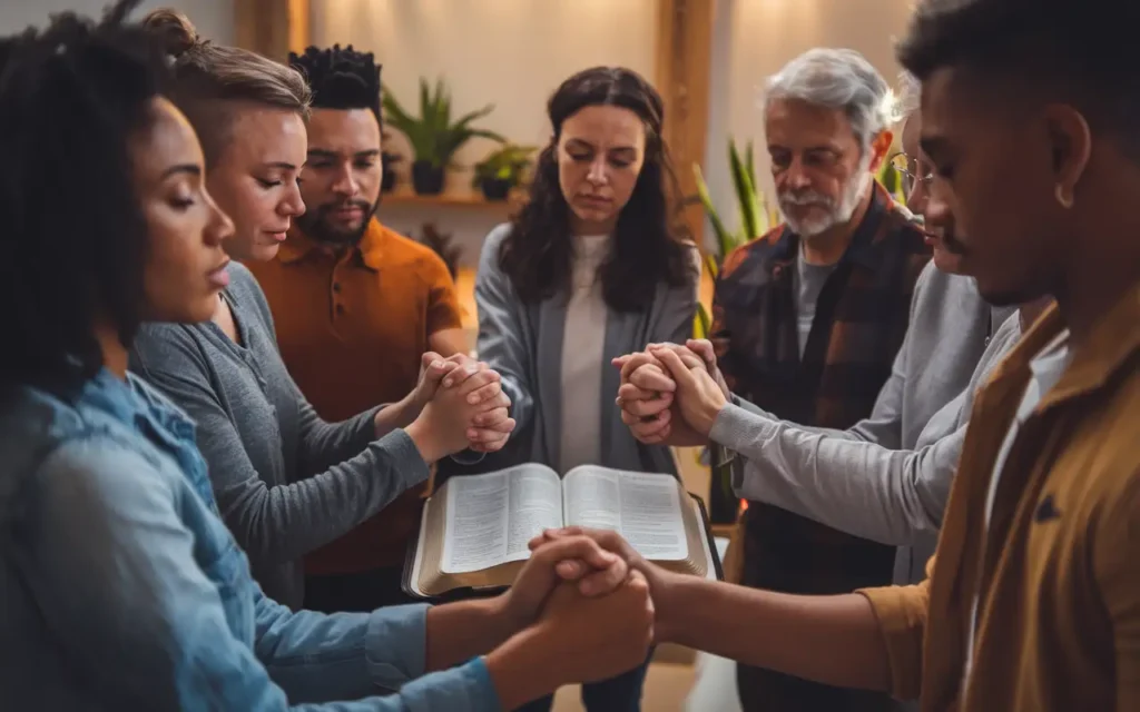 A group of people in a prayer circle, reflecting on fasting and prayer verses.
