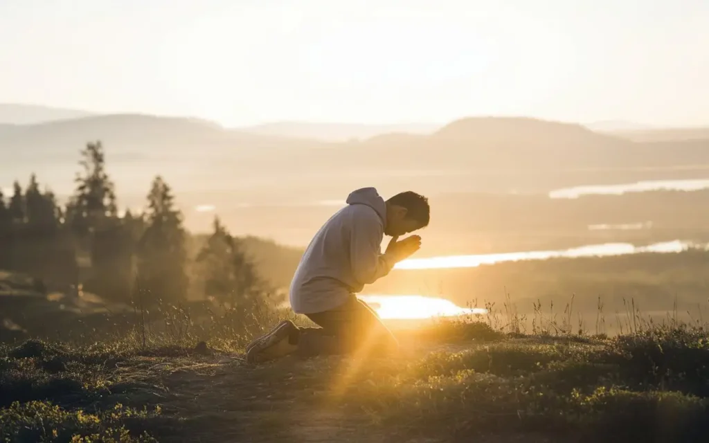 A serene landscape with a person kneeling in prayer under a sunrise.
