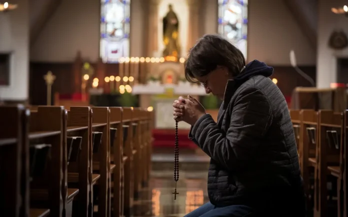 A serene Catholic believer praying with a rosary, symbolizing fasting Catholic practices and spiritual reflection.