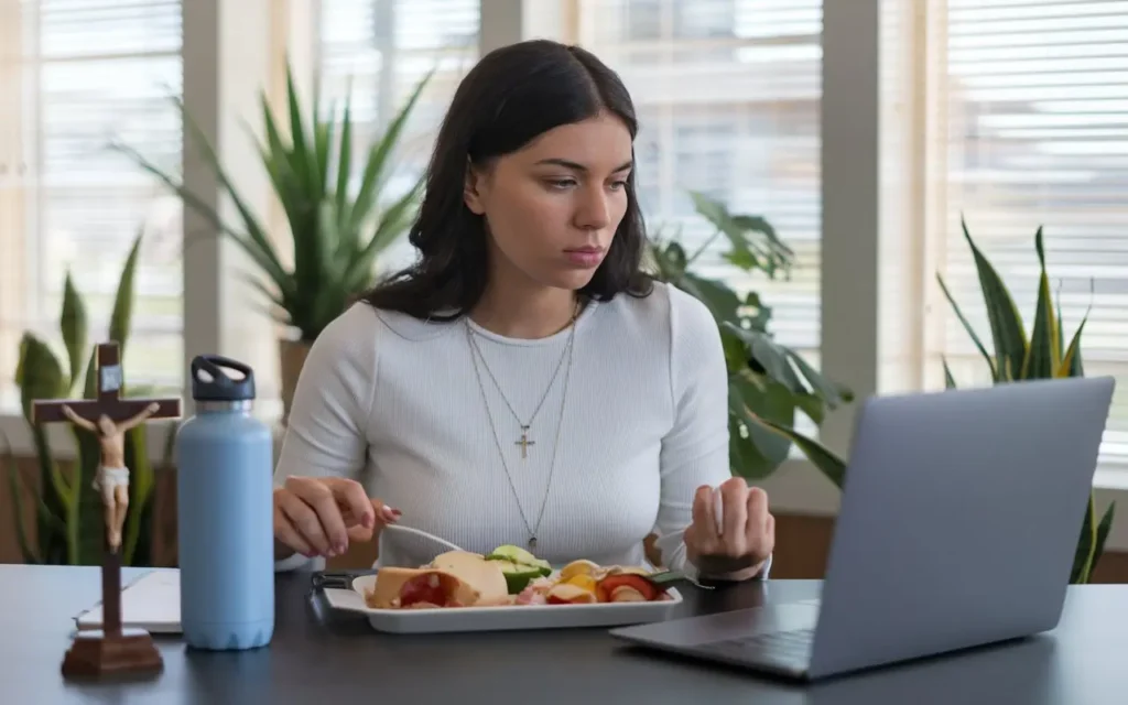 Young Catholic woman balancing work and fasting Catholic traditions