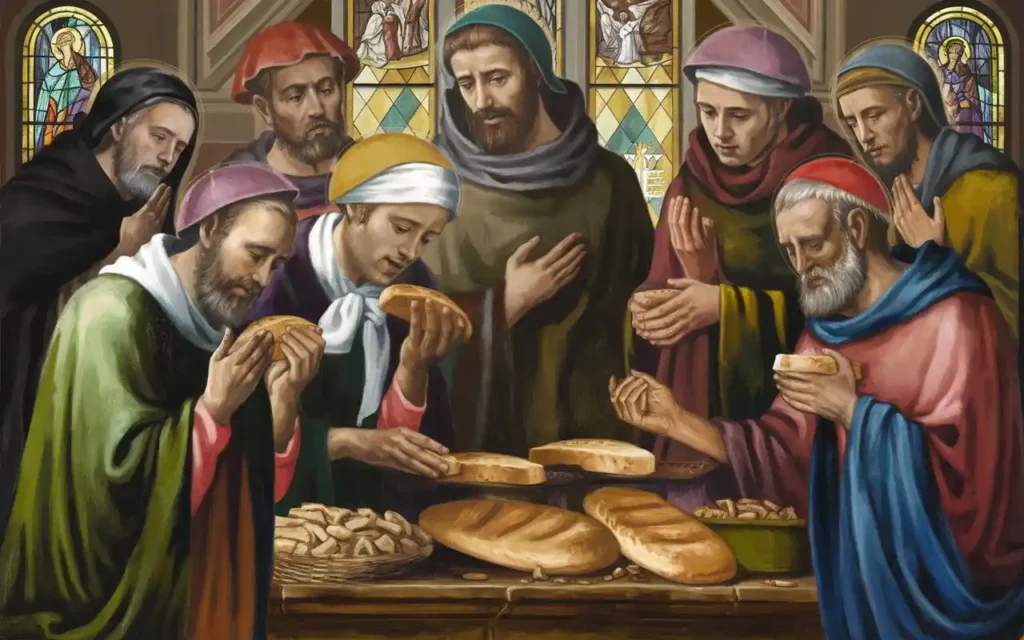 Artistic depiction of Catholic saints practicing fasting and prayer