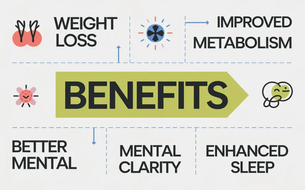 Infographic showing benefits of the fasting clock, including weight loss and energy boost