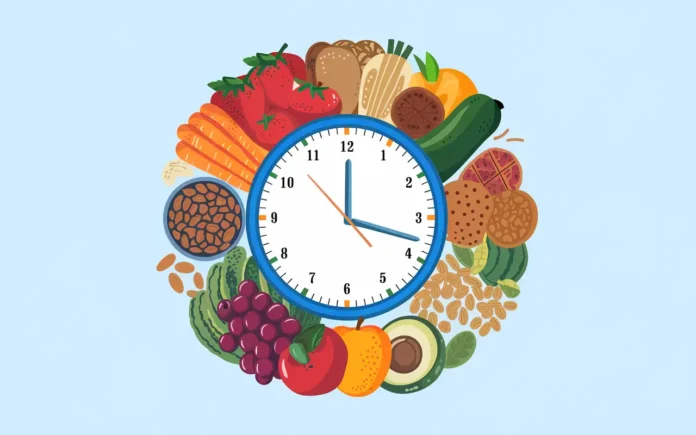 Visual representation of the fasting clock concept with a clock and healthy food