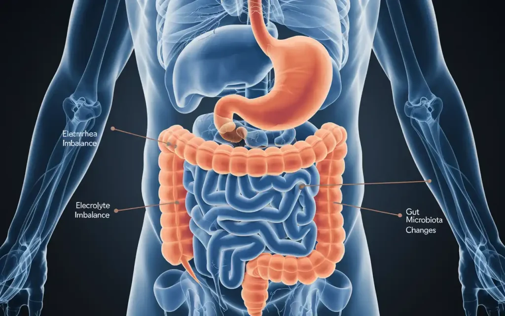 An image of labeled digestive organs showing possible causes of diarrhea during fasting.