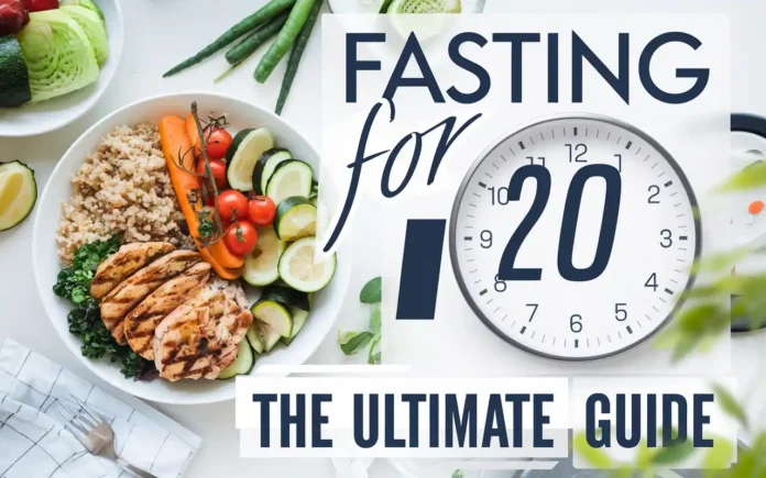 Fasting for 20 hours ultimate guide cover image showing a healthy meal and a clock