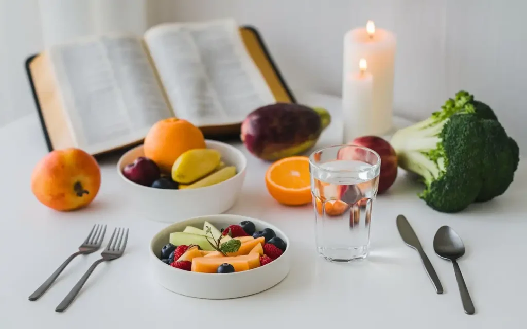 A table set with simple fasting-friendly foods for breakthrough and deliverance.