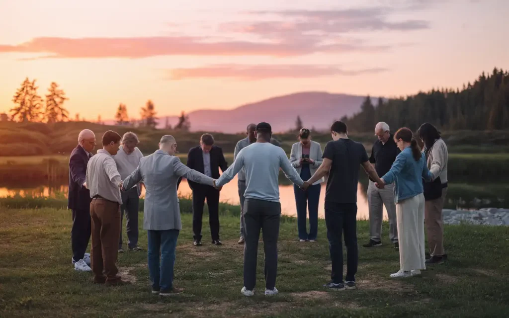 A group of people praying together for breakthrough and deliverance.